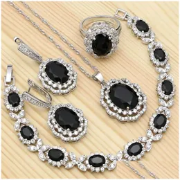 Orecchini Collana Set Gioielli Punk Per Ragazze 925 Sier Nero Cubic Zirconia Anello Di Cristallo Bianco Set Ciondolo Bracciale Drop De Dhgarden Dhcag