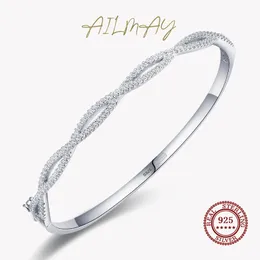 Bangle Ailmay Hight Quality 925 Sterling Silver Twinkling Zircon Geometric Cross Line Pulseiras para Mulheres Festa de Casamento Fine Jewelry