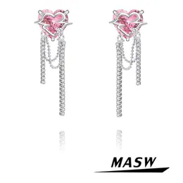 매듭 masw aaa zircon 핑크 하트 귀걸이를위한 보석 럭셔리 디자인 고품질 황동 체인 매달린 귀걸이 뜨거운 판매
