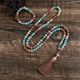 Colares 8mm Natural Rhodolite e Quartzo Rosa Ite Tassel Colar 108 Beads Japa Mala Mulheres Jóias Meditação Yoga Conjuntos