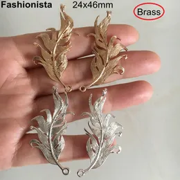 Other 6 Pairs(12 pcs) Left and Right Brass Casted Filigree Feather Charms With Back Open Loop 24x46mm Gold Silver Hollow Leaf Pendant