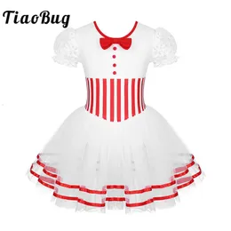 Dancewear Tiaobug Kids Short Spets ärmar Randig Figur Skating Dress Gymnastics Leotard Girls Performance Dance Costume 230520