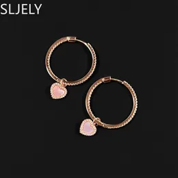 Huggie SLJELY Fashion Rose Gold S925 Sterling Silver Pink Mother of Pearl Heart Shaped Hoop Earrings Women Monaco Brand Jewelry Gift