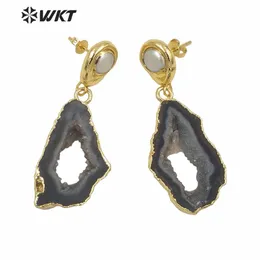 Stud Wte639 Muhteşem Moda Altın Geode Agates Druzy Studs Lady Natural Black Stone Kolye Küpe İnci Saplama