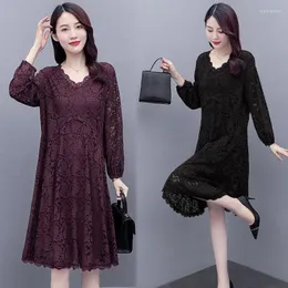 Casual Dresses Spring Autumn Clothing Temperament Black Long Sleeve All-Match Lace Dress Women Large Size Mid-Calf Vestidos 5xl E296