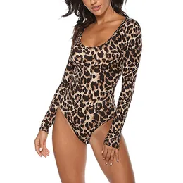 Kvinnors jumpsuits rompers mode långärmad bodycon jumpsuit stretchy romper leopard kvinnor bodysuit topps 230520