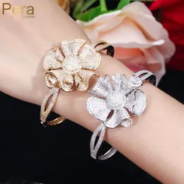 Bangle Pera Plard Party Big Higetric 3D Flower Flower Shape Full Shinning Cubic Zirconia Pave Cuff Bareles for Women Jewelry Z021