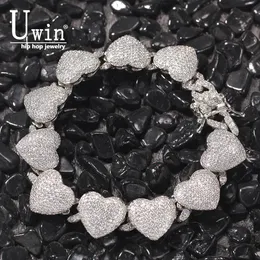 Bracelets UWIN 15mm 하트 팔찌 CZ와 함께 CZ 마이크로 포장 아이스 아이스 아웃 입방 지르코니아 블링 브레이슬릿 럭셔리 Jewrlry