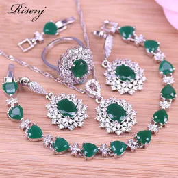 Sets Luxus Stil Malay Jade Silber Farbe Kostüm Schmuck Für Frauen Stud Ohrringe Halskette Ring Armband Set Braut Schmuck