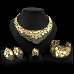 YuLaili 24K Gold Luxury Necklace Set Nieuw design dames prachtige oorbellen armband ringfeest voortreffelijke sieraden set