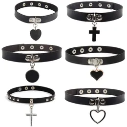 Suçlu Chokers Gotik Punk Siyah Pu Deri Kolye Kadınlar Kalp Çapraz Yuvarlak Cazibe Yakası Chocker Rock Mücevher Hediye Şakaları