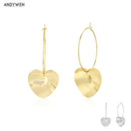 귀걸이 Andywen 100% 925 Sterling Silver Gold Big Heart Hoop 피어싱 펜던트 사랑 여성 패션 슬림 한 큰 웨딩 파티 보석