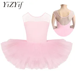 Dancewear Kinder Mädchen Tutu Ballettkleid Dancewear Ärmellos Stretch Mesh Splice U-förmiger Rücken Gymnastikanzug Tanz Ballett Tutu Kleid 230520