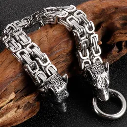 Girocolli Bracciale da uomo con testa di lupo gotico per uomo Bracciale da polso da uomo in acciaio inossidabile vintage da 14 mm con doppia catena Accessori per gioielli maschili