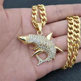 Collane in acciaio inossidabile collana con pendente grande squalo gioielli da uomo Hip Hop color oro ghiacciato collana con strass oceanici Dropshipping