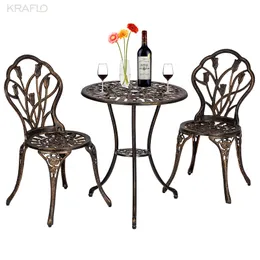 Set di tavoli e sedie da bistrot Tulip in alluminio pressofuso da esterno in stile europeo da 3 pezzi Set di mobili da bar da giardino in bronzo
