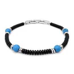 Bracelets Runda Bracelet Homme en Acier Inoxydable Perles Noires avec Pierre Naturelle Bleue Taille Ajustable 22cm Bracelet de Perles Fait Main pour Homme