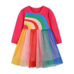 Kız Elbiseleri Atlama Sayaçları Çocuklar Pamuk Prenses Elbise Gökkuşağı Baskı Cepleri Okulu Moda Kıyafetleri Toddler Kostüm 230520