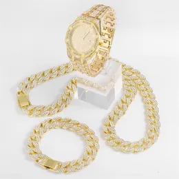 15mm 3PCS KIT Hip Hop Silber Farbe Uhr Halskette Armband Bling Kristall AAA Iced Out Cuban S Ketten für Männer Schmuck 230519