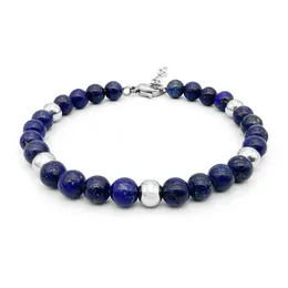 Bracciali Runda Bracciale da uomo in pietra naturale blu 5 mm con acciaio inossidabile misura regolabile 22 cm braccialetto con perline di gioielli di moda