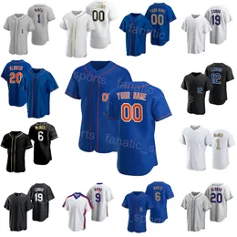 Özel Beyzbol 12 Francisco Lindor Jersey 1 Jeff McNeil 9 Brandon Nimmo 19 Mark Canha 6 Starling Marte 20 Pete Alonso Serin Base Beyaz Siyah Erkek Kadınlar Gençlik D-D-H