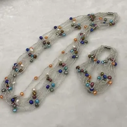 Серьги ожерелья устанавливают Eleispl Jewelry 4 Sets Multycolours Real Pearl Bracelets 5mm 7Strds Style Magnetic Class #498-22