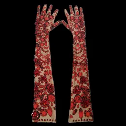 Sarongs Fashion Red Floral Long Glove Stretch Sparkling Crystal Party Nightclub Dancer Singer Stage Accessories 230519