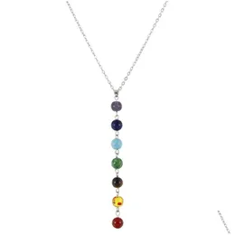 Hänge halsband enkel stil 7 chakra mticolor naturliga sten pärlor halsband lång kedja för kvinnor sliver färg charm collier krage dhlvj