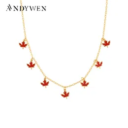 قلادات Andywen 925 Sterling Silver Gold Maple Leaf Charm قلادة قلادة قلادة طويلة سلسلة حمراء مجوهرات رائعة للنساء