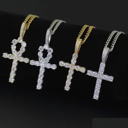 Naszyjniki wisiorek Hip Hop Cross Diamonds for Men Dift Prezent luksusowy naszyjnik biżuteria złota platowane miedziane cyrkony kubańskie łańcuch linku dhw9x