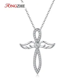 Collane Collana con ciondolo croce d'angelo Tongzhe per donna Regalo di gioielli di compleanno per feste in argento sterling 925 con doppie ali