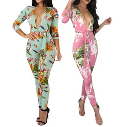 Kobiety Jumpsuits Rompers Ladies BodyCon Jumpsuit Elegancki dla kobiet Bodysuit Floral Bodysuit Long Boho F0010 Dex V Szyja z talią Beltwomen's