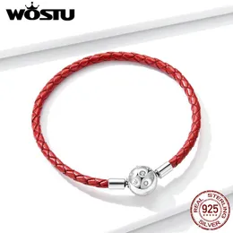 Bangle Wostu 925 Sterling Silver Lucky Brabbänder Rot Leder Seil S925 mit Charms CZ PU Lederkette für Frauen Schmuck Geschenk FNB042