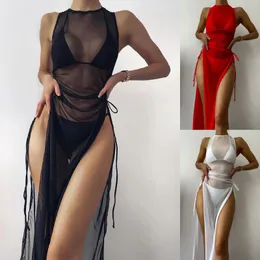 Kvinnors badkläder täcker kvinnor bikini mesh hight split gaffel klänning kvinnlig strand wrap glansande strandkläder dropp 230519