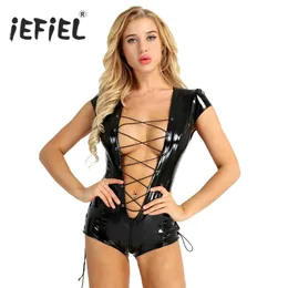 Kobiety Jumpsuits Rompers Wet Look Onepiece Evening Party Sexy Bodysuit Cap Rleeve Deep v Punging Laceup Zipper Crottard Tumbard Owear 230520