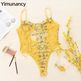 Mumins femininos Rompers Yimunany Floral Drowiery Lace Bodysuit Women Mesh Teddies Spring Ladies Skinny Body femme 230520