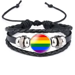Pulseiras 10 pc/lote orgulho gay fivela de vidro charme pulseira arco-íris bandeira gay jóias artesanal diy frisado tecer couro preto lgbt pulseira