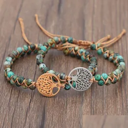 Beaded Natural Stone Tree Of Life Charm Strand Bracelet For Women Handmade Double Layer African Turquoise Beads String Braided Yoga Dhpix