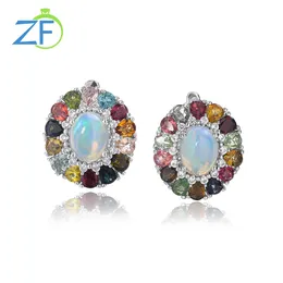 Stud GZ ZONGFA 925 Sterling Silver Earrings For Women Oval Natural Opal Multicolor Tourmaline Small Flower Silver Fine Jewelry