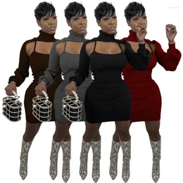 فساتين العمل Skmy Fall 2023 Womens Fashion Style Solid Color Turtleneck Tops و Spaghetti Strap Dress Suits Sexy اثنين