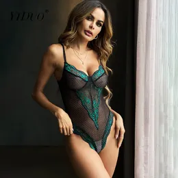 Kvinnor Jumpsuits Rompers Yiduo Patchwork Body Black Mesh Bodysuit Women Green Lace Floral Print Ogage Transparent Sexig bodycon Jumpsuit 230520