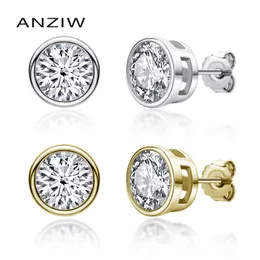 Stud Anziw Silver 925 Moissanite örhängen Diamond Round Cut Bezel Setting Stud Earrings Silver 5/6.5mm Solitire Women Earring Present