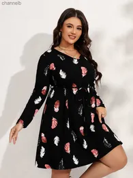 Casual Dresses Finjani Women's Dress Plus Size Feather Print Belted Dress Fashion Party Dresses V-neck High-Stretch Spring And Autumn Dress New L230520