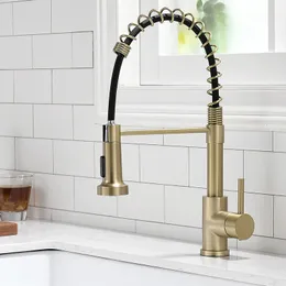 Kitchen Faucets Brushed Gold Pull Down Sink Faucet Swivel Spout Tap And Cold Water Mixer 230520