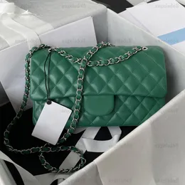 10a espelho qualidade designer clássico sacos de aba dupla 25cm médio das mulheres bolsa couro real caviar pele cordeiro verde acolchoado bolsa