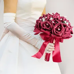 Dekorativa blommor Bröllopsbrud som håller boll Artificial Flower Pearl Rose Bouquet med bandfestdekorationsmaterial