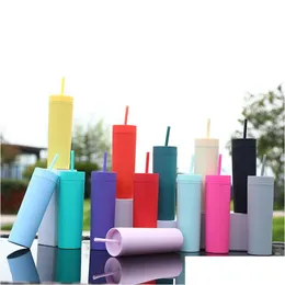 Tumblers 16 Unzen Acryl matt farbige Wasserflaschen mit Deckel und Sts Doppelwandige Kunststoff-Kaffeetasse Geschenke Gerade Trinktropfen Deli Dhqjz