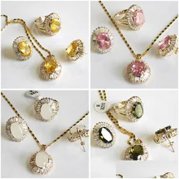 Earrings Necklace Set Fashion Jewelry Green Pink Yellow White Stone Crystal Zircon Pendant Ring Sets Rhinestone For Women Dhgarden Dhpi3