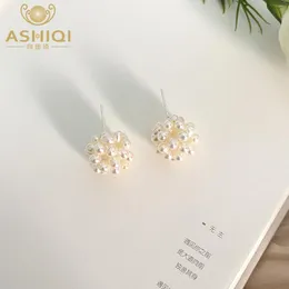 Stud Ashiqi Natural Freshwater Pearl Woven Flower Ball örhängen 925 Sterling Silver Jewelry for Women