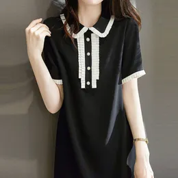 Grundläggande avslappnade klänningar Peter Pan Collar Kort ärm Svart eleganta klänningar för kvinnor Summer Korean Fashion -knappar Folds Patchwork Casual Dress 230520